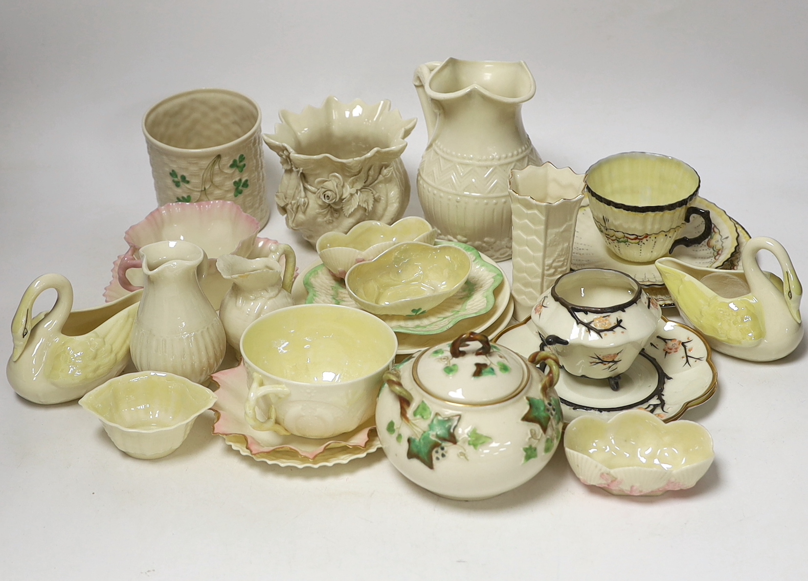 A quantity of Belleek porcelain tea and decorative wares, 1st period and later